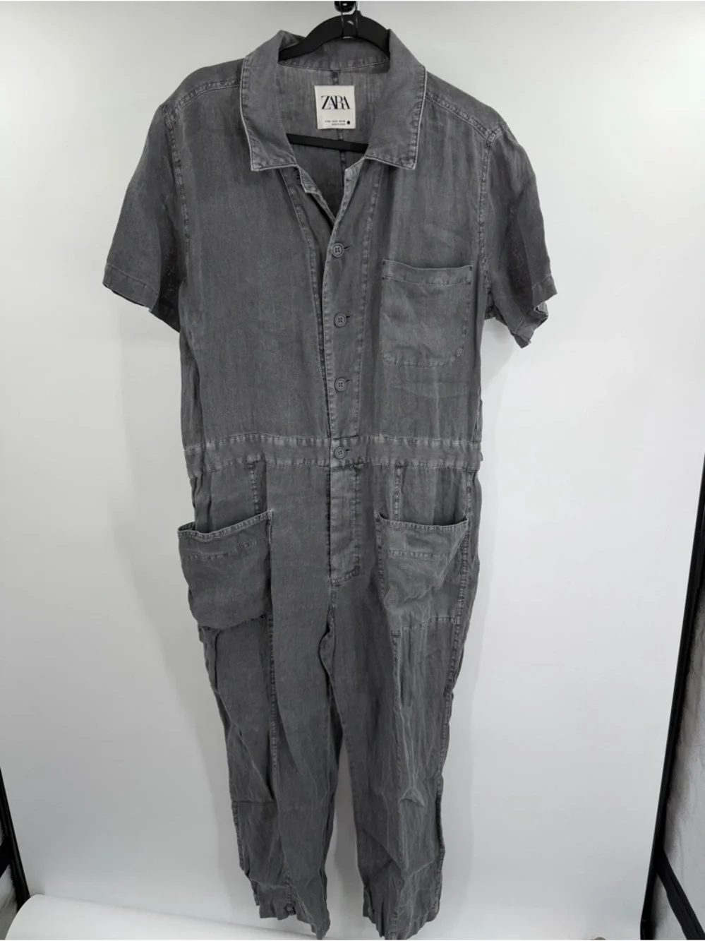 Zara 100%‎ Linen Washed Gray Short-Sleeve Utility Jumpsuit Medium